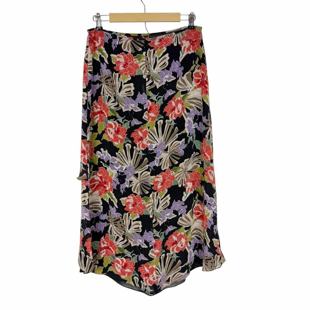 Silk Midi Skirt Vintage Adrianna Papell Size 12 Floral Print High Low Black Red - Picture 3 of 16